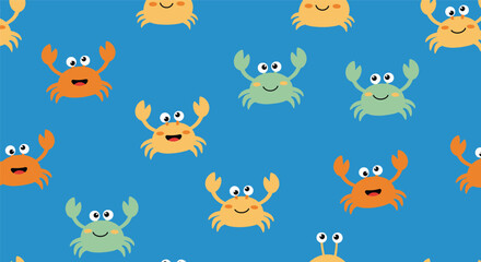 Obraz premium Cheerful seamless pattern of cute cartoon crabs in orange yellow and green colors on a bright blue water background.