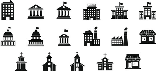 Black and white building silhouettes collection vector illustration