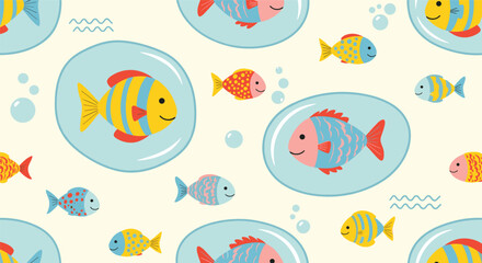 Fototapeta premium Adorable seamless pattern of colorful cartoon fish swimming in the water with some enclosed in large air bubbles.