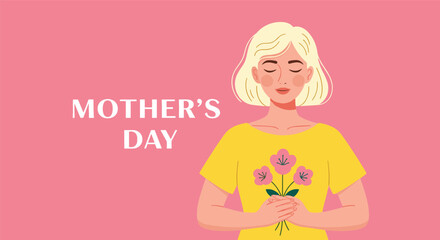 Obraz premium Gentle mother's day greeting card shows a serene woman with blonde hair holding a small bouquet of pink flowers.
