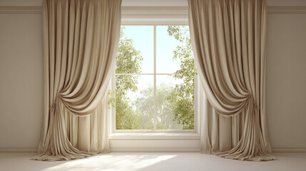 A window framing a vibrant view with elegant curtains, evoking a sense of tranquility and space