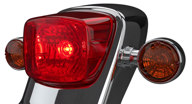 Bright red motorcycle taillight and amber turn signals illuminated, showcasing intricate details and reflective chrome, isolated on a clean transparent background