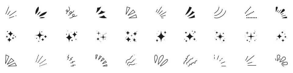 Naklejka premium Hand drawn explosion surprise line and silhouette icon. Shine rays and sparkles. Sunburst doodle set. Hand drawn explosion surprise elements. Isolated Vector Illustration