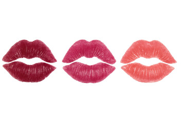Red and pink lipstick kiss marks on a transparent background showing passion, love, and beauty