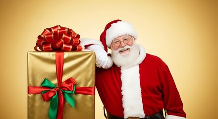 Smiling Santa Claus in a red suit leaning on a large golden Christmas present with a red bow.