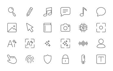 Communication Icon Set. Digital Media, Security, And User Interface Outline And Silhouette Symbol Collection. Technology And Interaction Elements. Isolated Vector Illustration