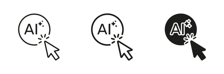 Ai Click Interaction Icon Set. Artificial Intelligence Activation And User Engagement Outline And Silhouette Symbol Collection. Digital Technology And Innovation. Isolated Vector Illustration