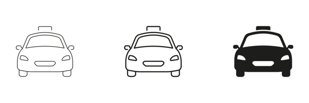 Taxi Cab Front View Line And Solid Icon Set. Transportation, Ride-Hailing, And Urban Mobility Outline And Silhouette Symbol Collection. Taxi Service. Isolated Vector Illustration