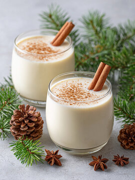 Delicious holiday coquito drinks with cinnamon and festive pine decorations on a winter table
