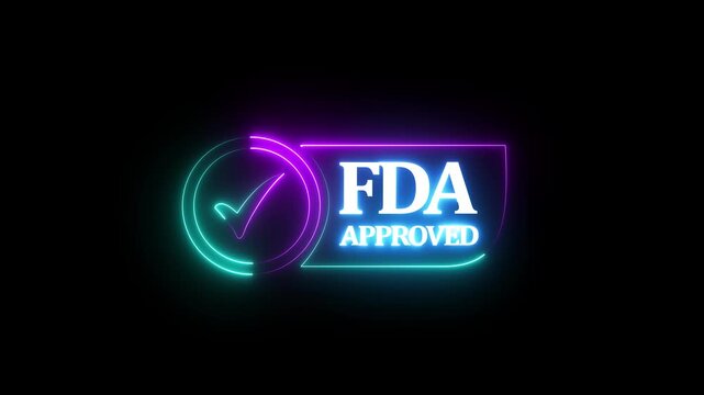 glowing neon FDA Approved icon Food and Drug Administration label. FDA Approved blue Check Mark icon. FDA Approval icon and Medical Research, Healthcare Regulation and Pharmaceutical Process.4k video