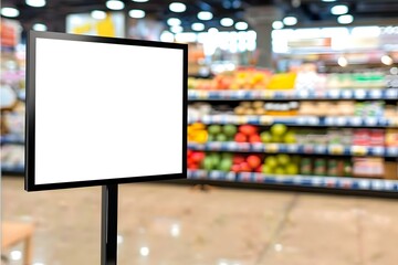 Blank Signage Display in Grocery Store Aisle / Empty Promotional Board in Supermarket Interior