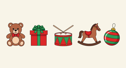 Cute Christmas Character Icons Santa, Reindeer, Elf, Snowman, and Polar Bear Illustrations