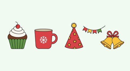 Cute Christmas Character Icons Santa, Reindeer, Elf, Snowman, and Polar Bear Illustrations