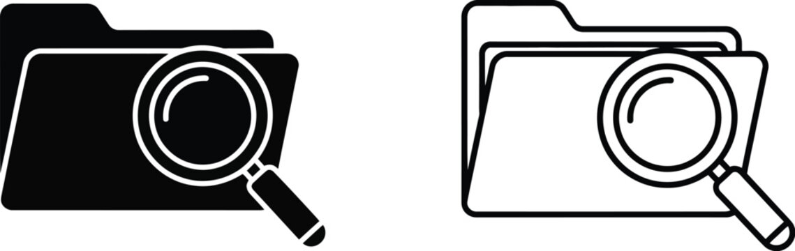 File folder with magnifying glass icons presented in solid and outline styles