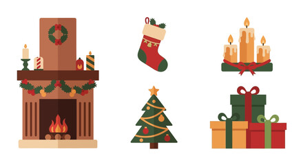 Obraz premium Cute Christmas Character Icons Santa, Reindeer, Elf, Snowman, and Polar Bear Illustrations