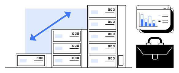 Stacked servers with upward arrow, data graph on monitor, and business briefcase. Ideal for growth, data storage, analytics, business, scalability IT solutions corporate strategy. Simple flat