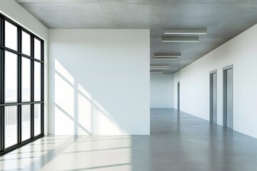 Modern empty office hallway with large windows and bright natural light