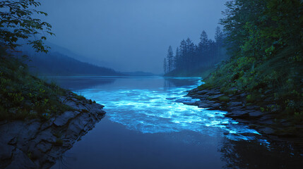 A mesmerizing scene of a glowing river flowing through a serene landscape
