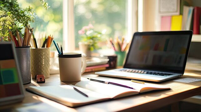 A close-up of a cozy workspace in a bright, creative studio. A desk with open notebooks, pens, a coffee cup, and a laptop is surrounded by art supplies and colorful decor. The natural light from the