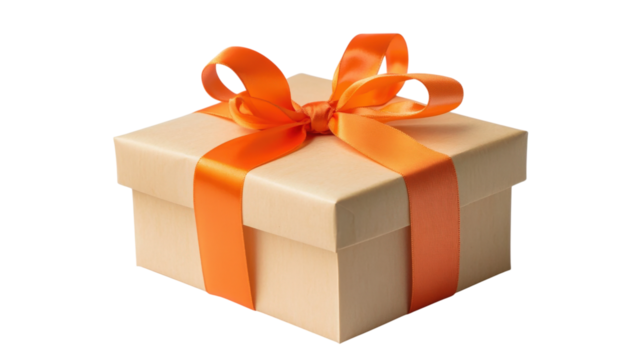 Beige gift box with orange ribbon bow isolated on a transparent background