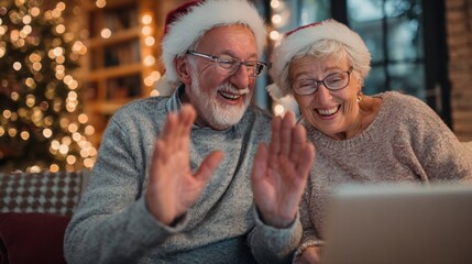 Senior people celebrating Christmas via video-call party on a laptop at home holiday and older family relationships concept