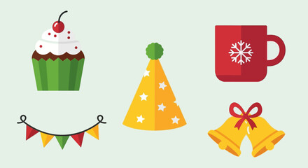 Cute Christmas Character Icons Santa, Reindeer, Elf, Snowman, and Polar Bear Illustrations