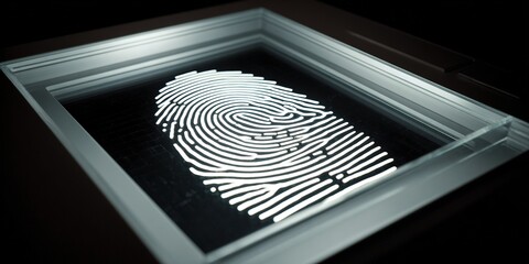 Fingerprint displayed in a luminous panel demonstrating biometric technology in a dimly lit room