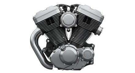 Detailed V-twin motorcycle engine, a robust internal combustion power unit, showcasing mechanical engineering, isolated on a clean transparent background