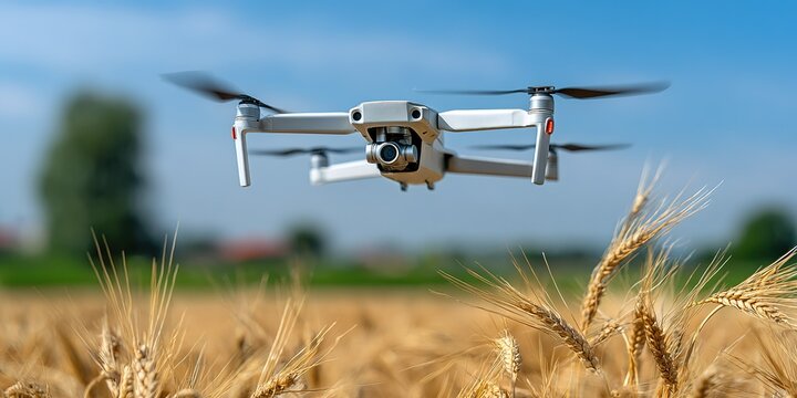 Drone flying over wheat field during sunny day in rural area, capturing agricultural data and monitoring crop health