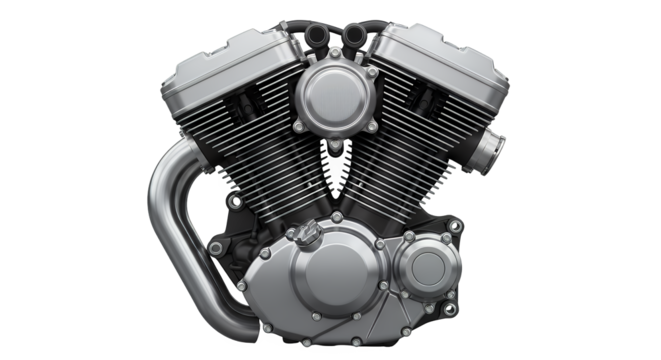 Detailed V-twin motorcycle engine, a robust internal combustion power unit, showcasing mechanical engineering, isolated on a clean transparent background