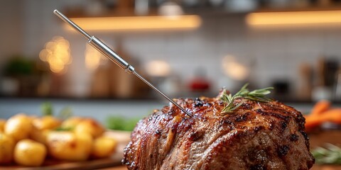 Juicy roast beef being prepared with fresh herbs in a cozy kitchen setting during a family dinner