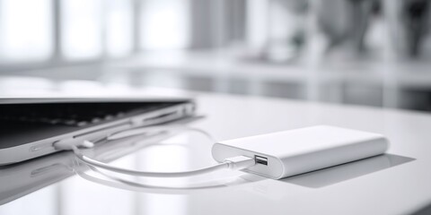 Portable charger connected to laptop on a desk in a modern office environment