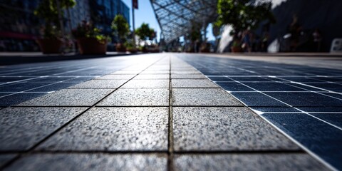 City street with modern paved sidewalk and sunlight filtering through overhead structures