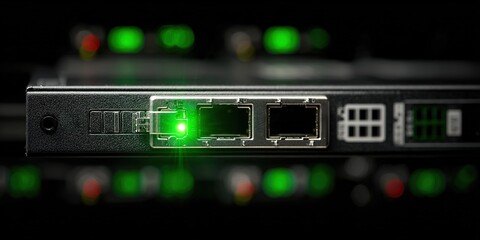 Network switch with illuminated ports showcasing connectivity in a data center at night