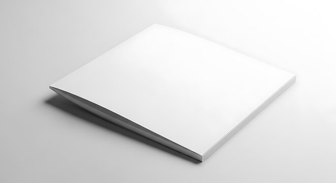 Blank white square booklet or magazine mockup lying on a clean white surface, providing ample copy space, isolated on white background