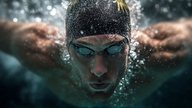 Submerged Intensity: A Focused Swimmer's Gaze Through a Veil of Bubbles