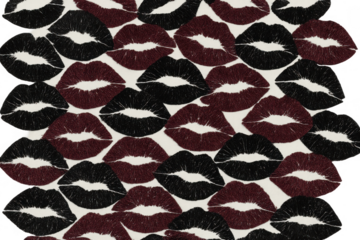 Group of stylized black and burgundy lips, forming a repeating textured pattern. Transparent background