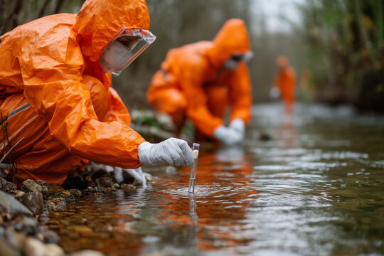 A man in an orange suit is taking a sample of water from a river