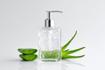 Refreshing Aloe Vera Gel in a Clear Pump Bottle Surrounded by Fresh Aloe Leaves on a Bright Background