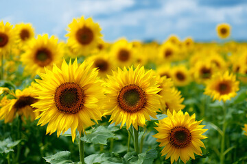 Fototapeta premium Vibrant yellow sunflowers blooming in a large field under a blue summer sky.