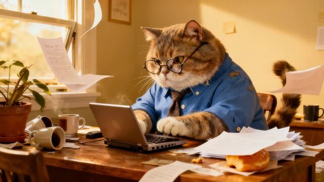 Brown tabby cat wearing glasses and blue shirt working at laptop desk. Office cat reviewing classified documents with papers flying. Panning and tilting camera movement.