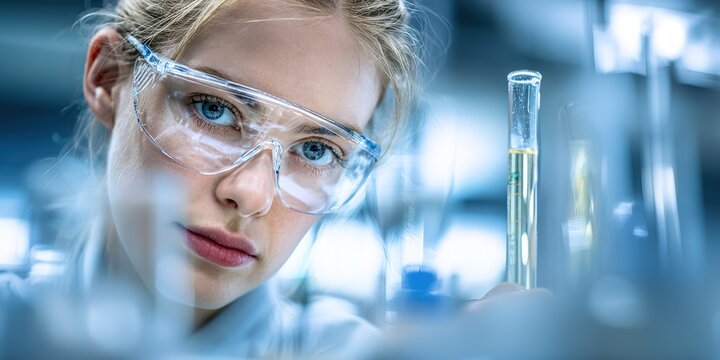 Young scientist conducts an experiment in a laboratory wearing protective eyewear and focusing on a test tube