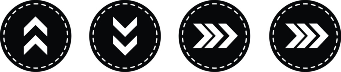 Four circular icons featuring distinct directional arrow symbols in black and white