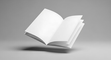 Open blank book or magazine mockup with empty pages floating in the air against a clean light grey background