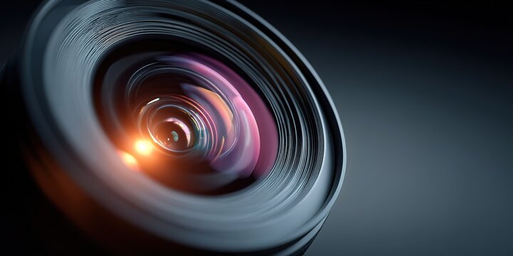 Close-up view of a camera lens showing intricate details and lens flare during a photography session at night
