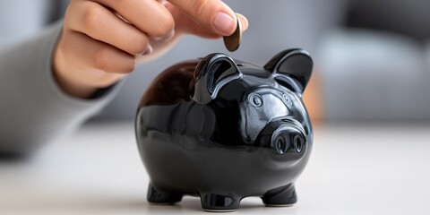 Saving money in a black piggy bank with a hand inserting a coin during a cozy indoor setting