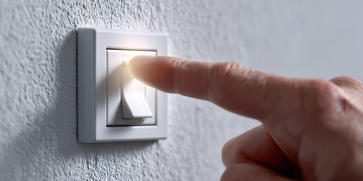 Hand turning on light switch in a cozy indoor setting during the evening hours