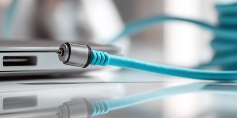 Close-up of a blue audio cable connected to a laptop on a reflective surface in a modern workspace