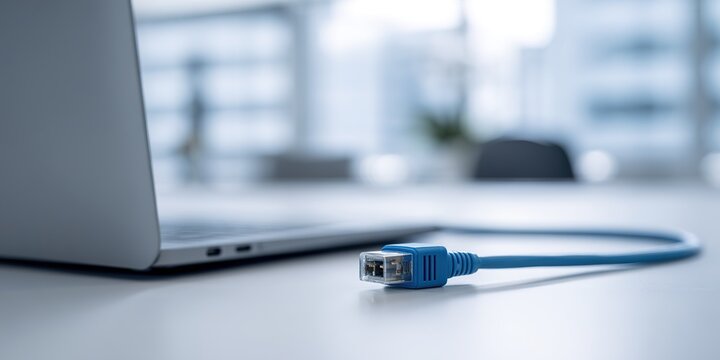 Close-up of a blue ethernet cable connected to a laptop on a clean desk in a modern office setting - Powered by Adobe