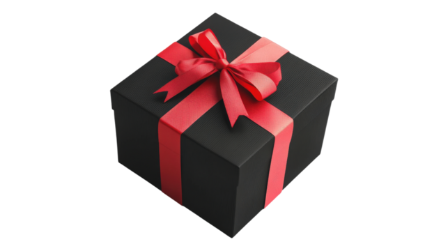 Black gift box red ribbon bow isolated on a transparent background